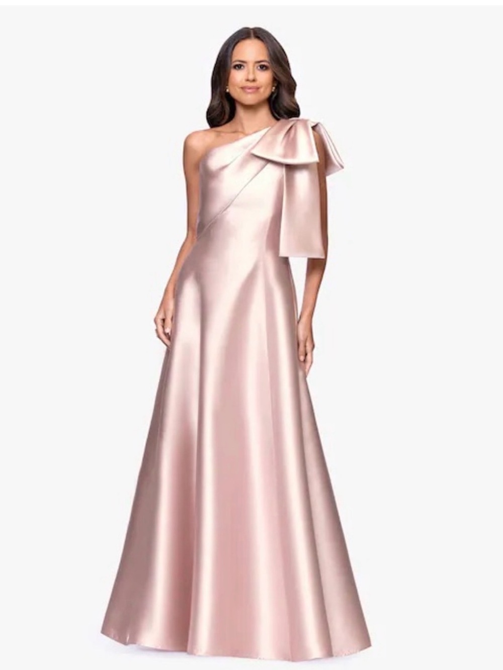 Betsy & Adam One-Shoulder Satin Gown in Rose Blush with Bow